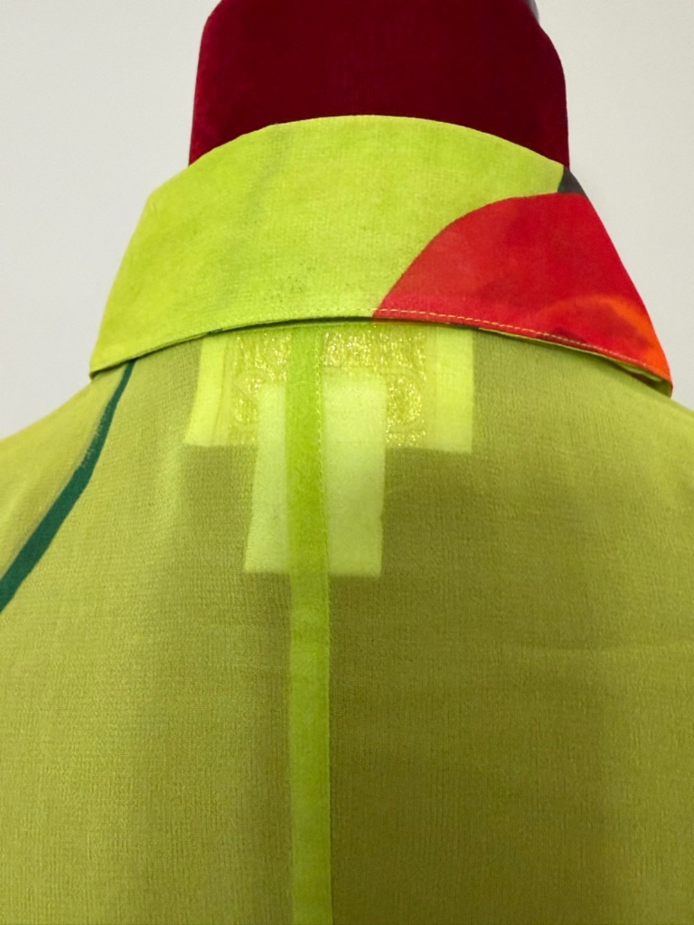 Vintage Caché 100% Silk Blouse M Lime Green Orange Poppy Floral Sheer Y2K 90s - Picture 7 of 8